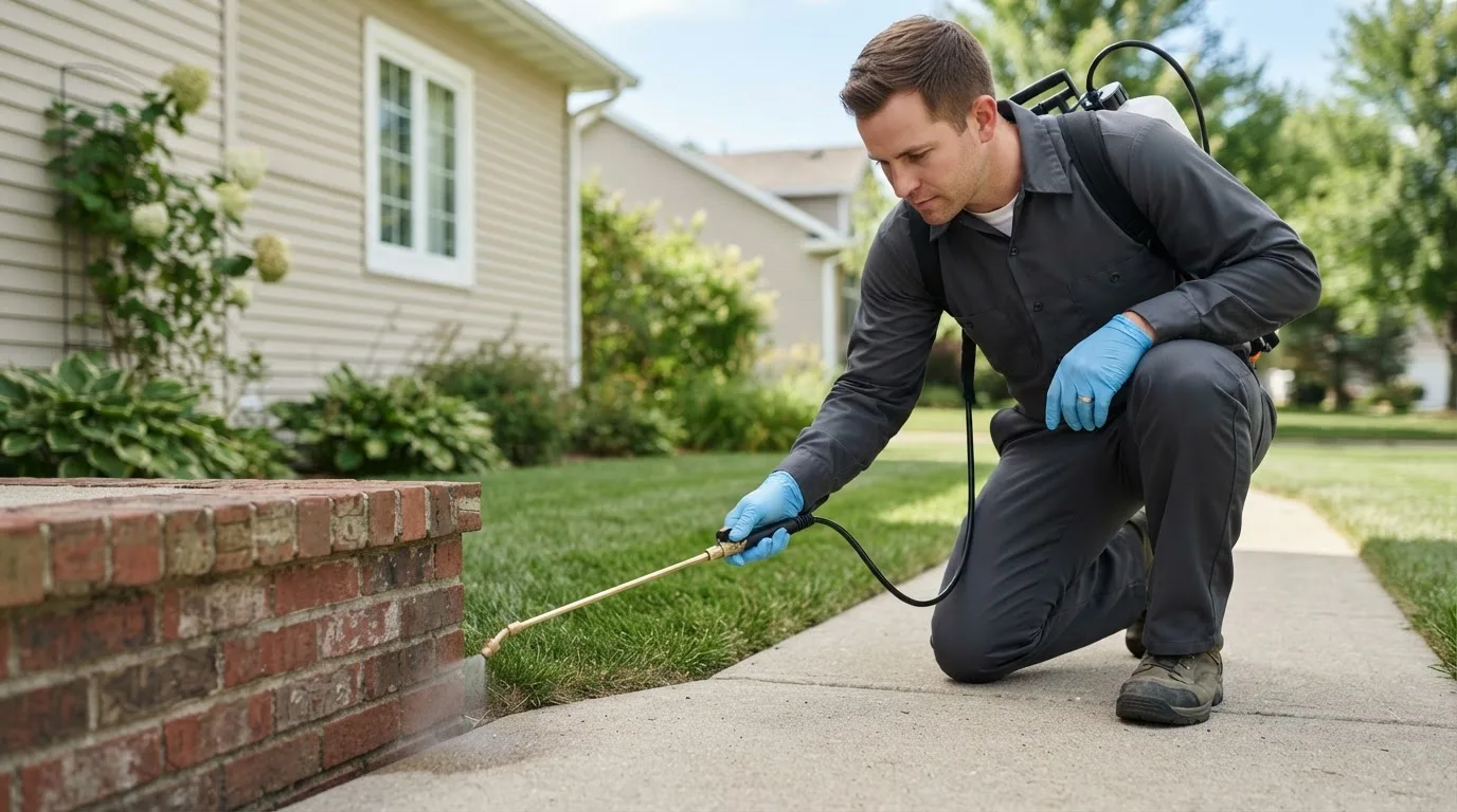 Pest control technician treating a home near Prentiss, MS